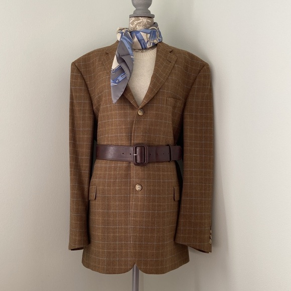 Burberry Jackets & Blazers - Burberry Tweed Wool Blazer Coat Plaid Camel Tan Light Blue XXL NEW